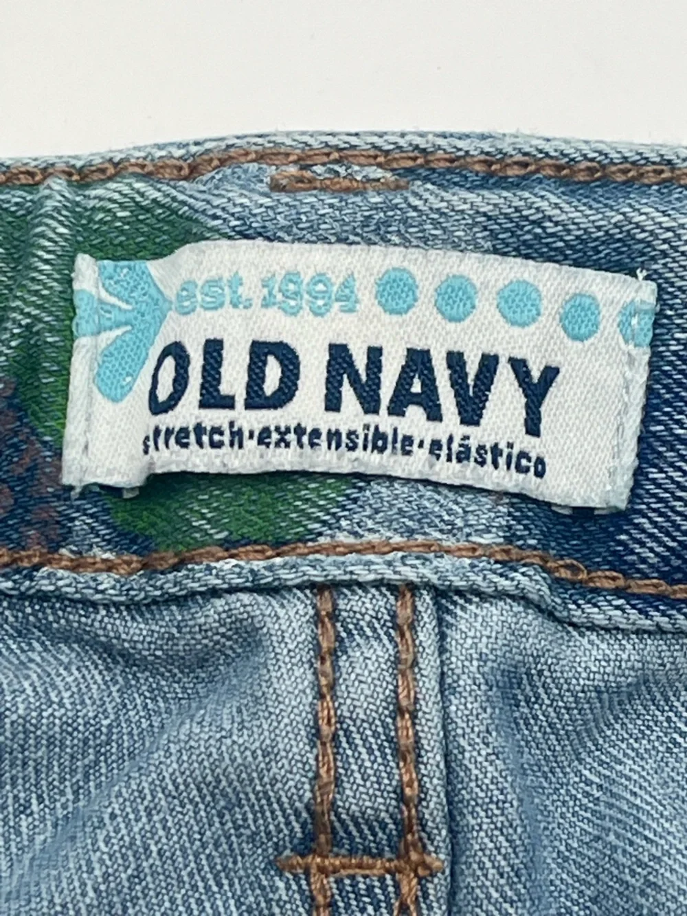 Old Navy Light Blue Denim Shorts w/ green floral design girls 14 adjustable